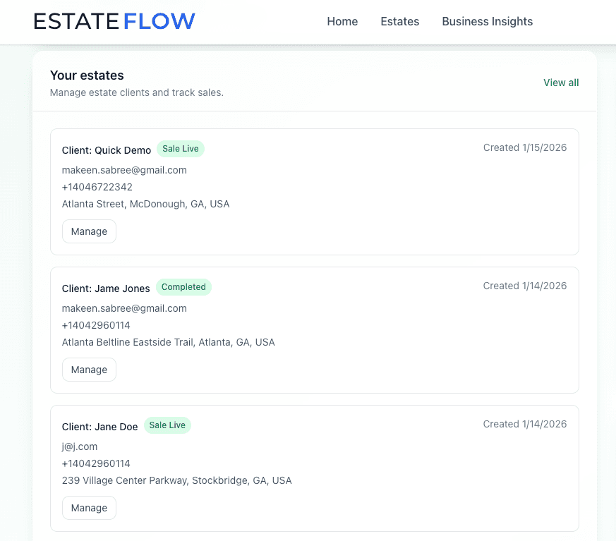 EstateFlow Dashboard showing estate list, status badges, and workflow management