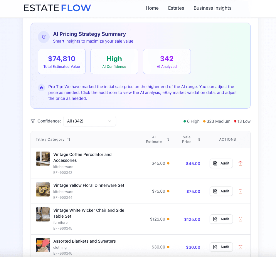 EstateFlow Inventory Management showing AI-powered cataloging, pricing validation, and Square sync capabilities