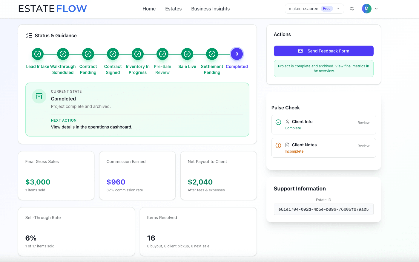 EstateFlow standardized workflow dashboard showing estate management, workflow stages, and team coordination