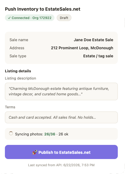 Push inventory to EstateSales.net — connected draft with listing details, photo sync, and publish