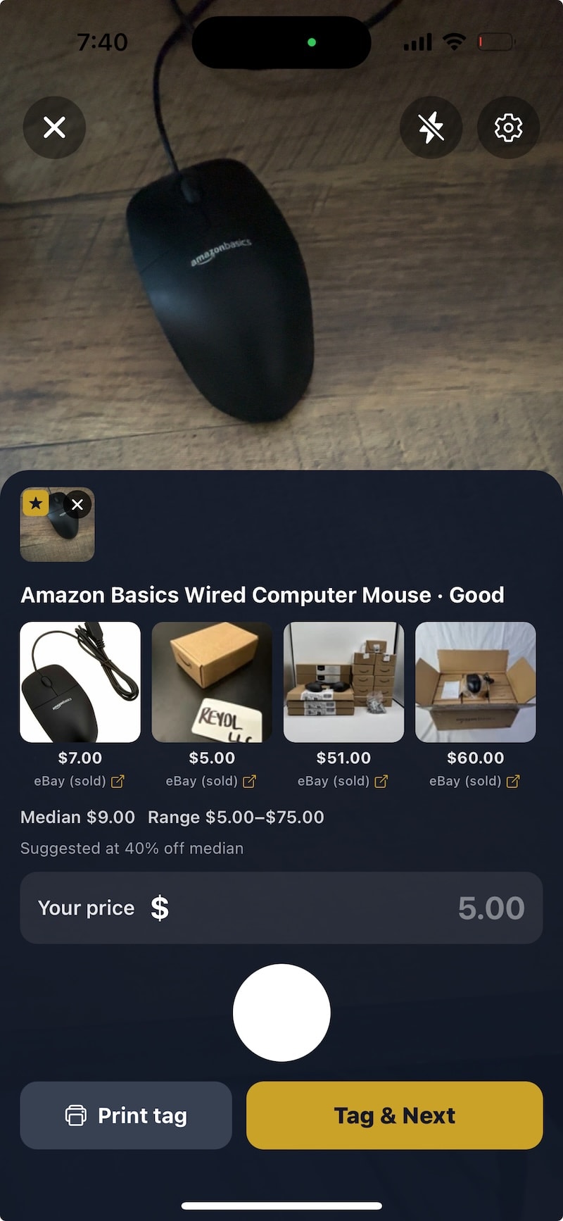 EstateFlow comp pricing — photograph an item, compare sold listings, set your price, and print a tag